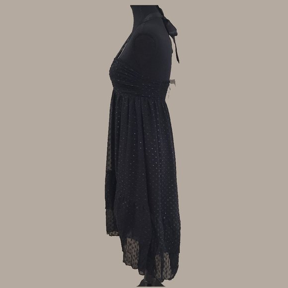 NWT Sexy Black Split Bust Swiss Dot H&M High Low Midi Tiered Halter Dress - Picture 2 of 10